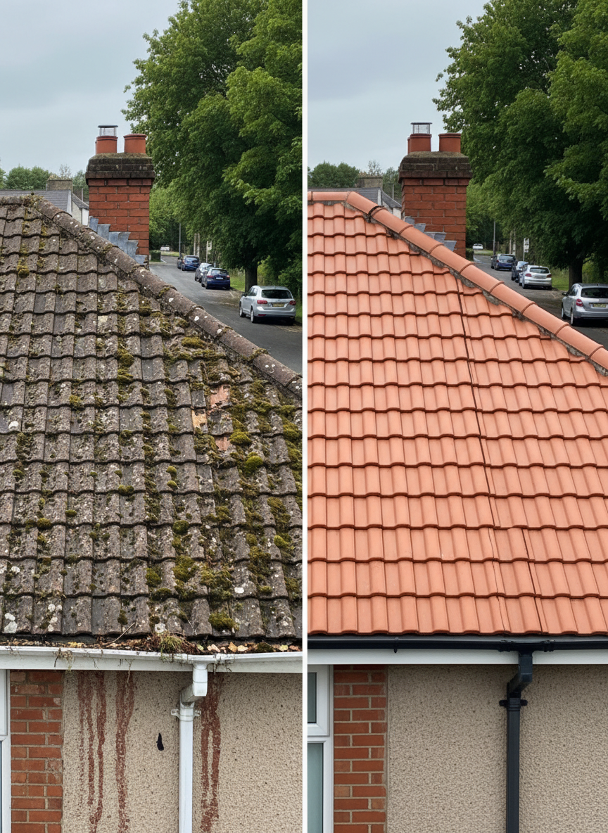 A dramatic before-and-after photographic scene of a semi-detached Rathmines house roof, divided vertically down the center. On the left, weathered, moss-covered tiles, cracked ridge caps, and a sagging gutter show obvious leaks and neglect. On the right, the same roof is fully restored with fresh matching tiles, new guttering, and clean, watertight flashing around the chimney. The image is captured at eye-level from across the quiet residential street, with parked cars and leafy trees softly blurred in the background. Overcast daylight provides even, neutral lighting, emphasizing the transformation. The mood is reassuring and professional, with a clean, modern aesthetic highlighting the quality of roof repairs and replacement work.
