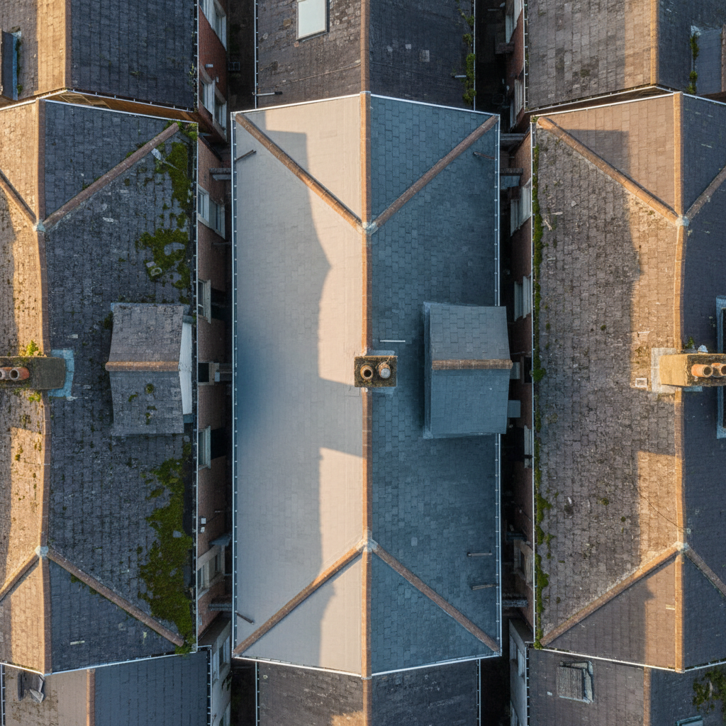 An overhead, photographic aerial-style view of several adjoining terraced roofs in Rathmines, showing a mix of older and newly repaired sections. One prominent roof in the center has a clearly visible new membrane, freshly installed slate tiles, and straight, bright guttering, contrasting with neighbouring roofs that show moss build-up and faded materials. The camera angle is a high bird’s-eye view, creating a clear, informative layout of the roofscape. Soft afternoon daylight provides even illumination with gentle shadows along ridgelines, giving depth without harsh contrast. The mood is professional and reassuring, ideal for showcasing comprehensive roof surveys, emergency repairs, and restoration coverage across the local Dublin area.