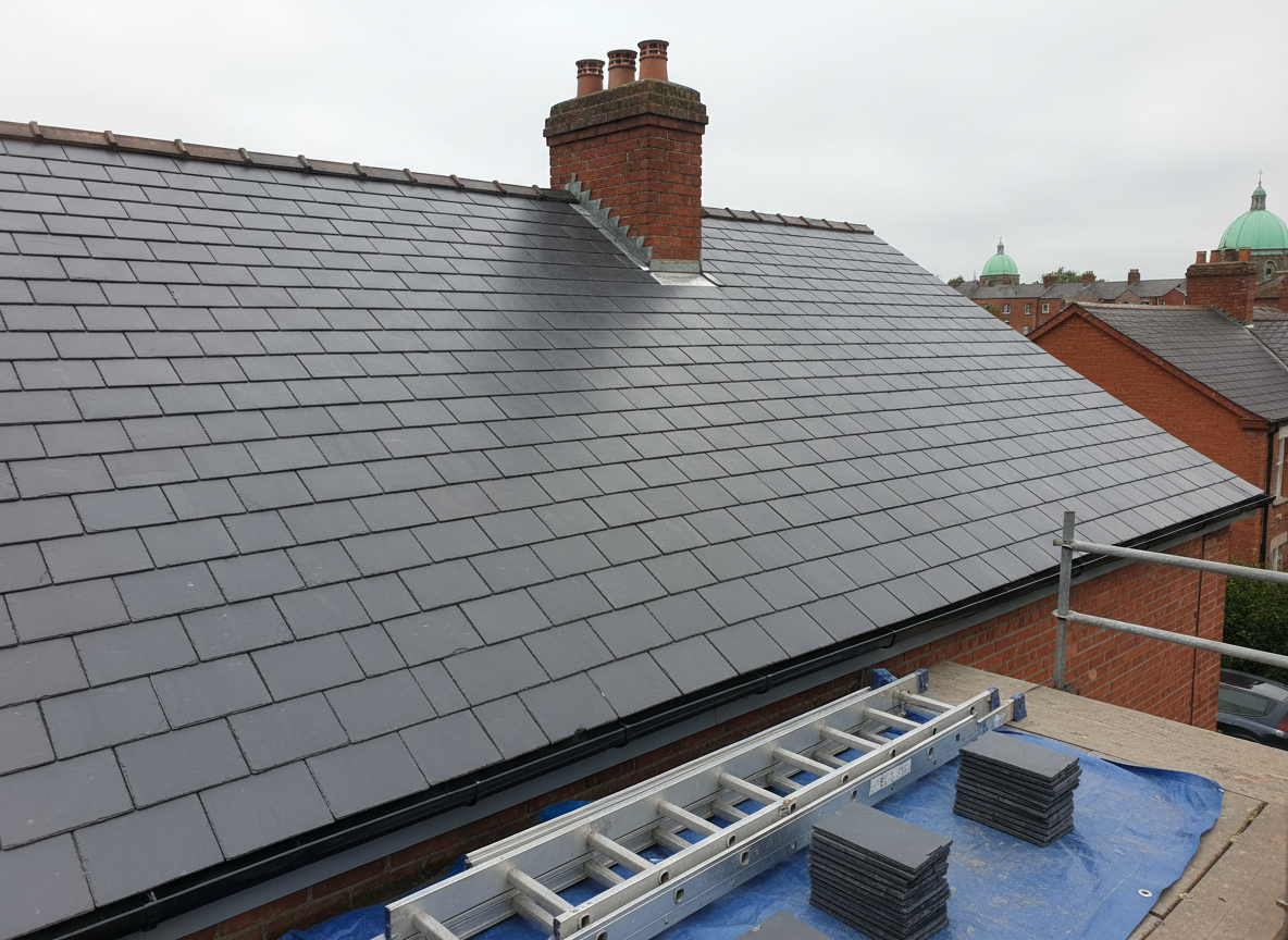 A newly restored pitched roof on a typical redbrick terraced house in Rathmines, Dublin, captured in sharp photographic realism. Fresh, dark grey slate tiles form crisp, straight lines leading toward a clear overcast sky. Neatly aligned ridge tiles and new lead flashing sit cleanly around a central chimney stack. In the foreground, a sturdy aluminium ladder leans against the gutter, with neatly stacked spare tiles on a protective tarpaulin. Shot from a slightly elevated angle at roof level, with diffused daylight creating soft shadows and a professional, dependable mood. The composition uses the rule of thirds, keeping the roof as the strong horizontal focus while subtle background hints of neighbouring Rathmines rooftops add local context.