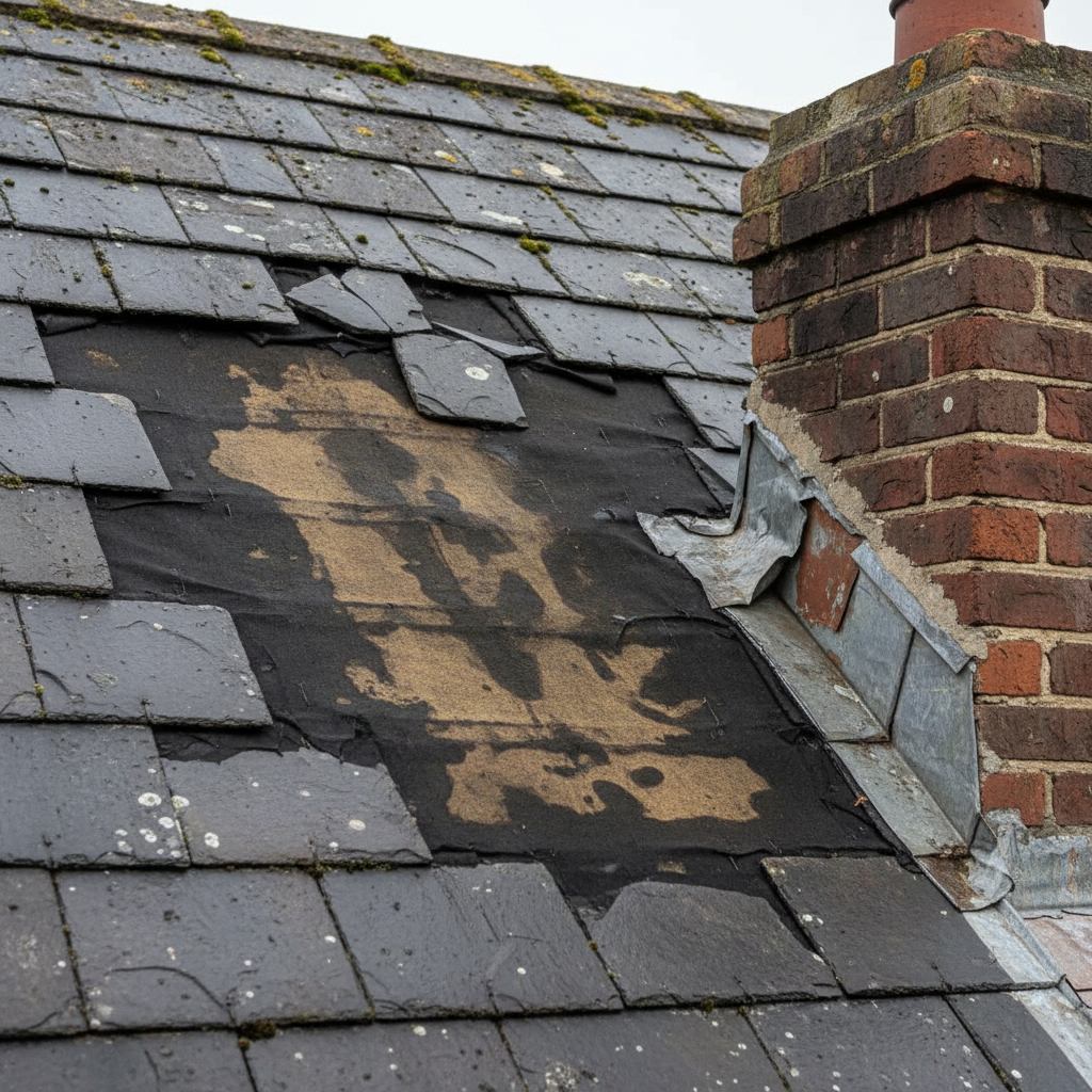 A close-up, highly detailed photographic view of roof leak damage on a pitched roof in Rathmines. Several cracked and slipped slate tiles expose the underlay, with dark, damp patches and water staining visible on the roofing felt. Nearby, torn and lifting lead flashing around a small brick chimney stack clearly indicates the source of the leak. The image is shot from very close range at a slight angle, filling the frame with textures of rough slate, aged brick, and weathered metal. Soft, cloudy daylight creates a neutral, diagnostic mood with minimal shadows, ideal for an inspection or report-style image. The composition keeps everything in sharp focus to emphasize the seriousness of the damage and the need for expert repairs.