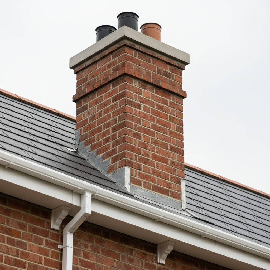 A detailed photographic scene focusing on a terraced house chimney and surrounding roof area in Rathmines after professional repairs. The redbrick chimney stack appears freshly repointed, with crisp mortar lines and a new concrete capping. Around the base, new lead flashing is neatly chased into the brickwork and folded over uniform dark grey slates, creating a clean, watertight junction. A replacement uPVC gutter runs straight and true along the eaves, with fresh downpipe brackets visible. Captured from a low, slightly upward angle from roof level, the image emphasizes craftsmanship and precision. Overcast daylight provides soft, even lighting, and the overall mood is solid, dependable, and technical, ideal for illustrating chimney and gutter repair expertise.