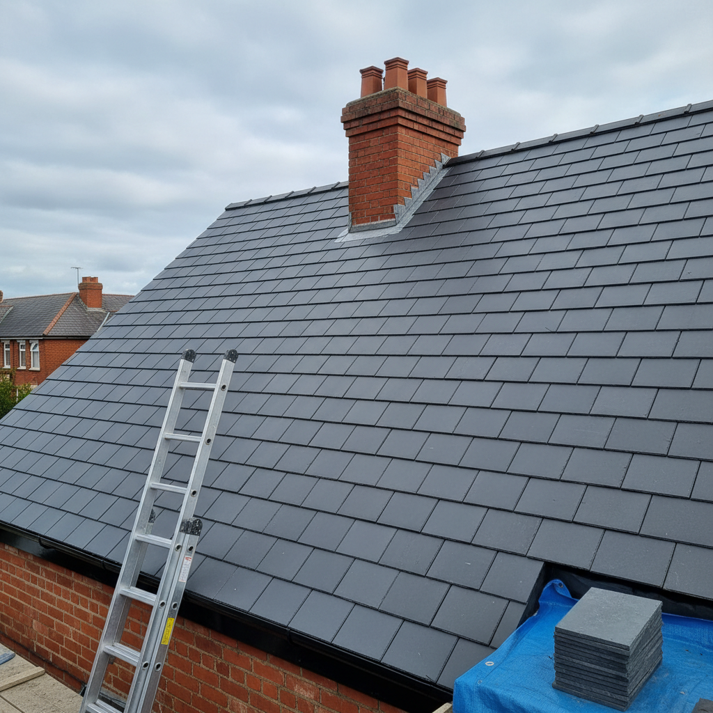 A newly restored pitched roof on a typical redbrick terraced house in Rathmines, Dublin, captured in sharp photographic realism. Fresh, dark grey slate tiles form crisp, straight lines leading toward a clear overcast sky. Neatly aligned ridge tiles and new lead flashing sit cleanly around a central chimney stack. In the foreground, a sturdy aluminium ladder leans against the gutter, with neatly stacked spare tiles on a protective tarpaulin. Shot from a slightly elevated angle at roof level, with diffused daylight creating soft shadows and a professional, dependable mood. The composition uses the rule of thirds, keeping the roof as the strong horizontal focus while subtle background hints of neighbouring Rathmines rooftops add local context.