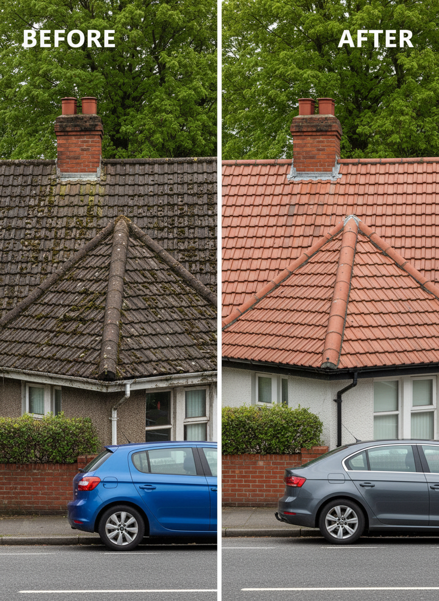 A dramatic before-and-after photographic scene of a semi-detached Rathmines house roof, divided vertically down the center. On the left, weathered, moss-covered tiles, cracked ridge caps, and a sagging gutter show obvious leaks and neglect. On the right, the same roof is fully restored with fresh matching tiles, new guttering, and clean, watertight flashing around the chimney. The image is captured at eye-level from across the quiet residential street, with parked cars and leafy trees softly blurred in the background. Overcast daylight provides even, neutral lighting, emphasizing the transformation. The mood is reassuring and professional, with a clean, modern aesthetic highlighting the quality of roof repairs and replacement work.